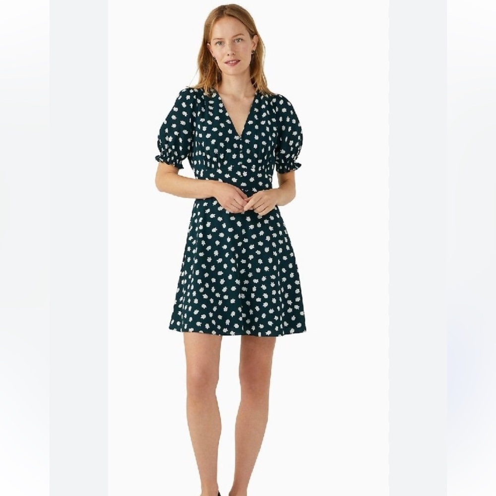 Kate Spade Forest Green Floral Puff-Sleeve Mini Dress